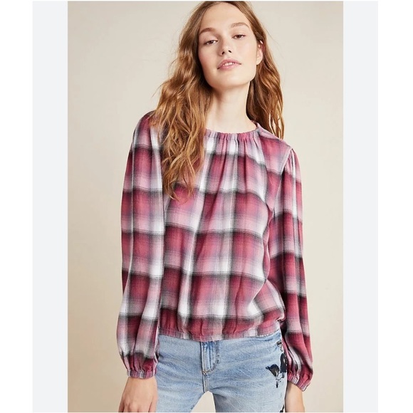 Anthropologie Tops - Cloth & Stone for Anthropologie Glacier Plaid Blouse Balloon Sleeves Berry Pink